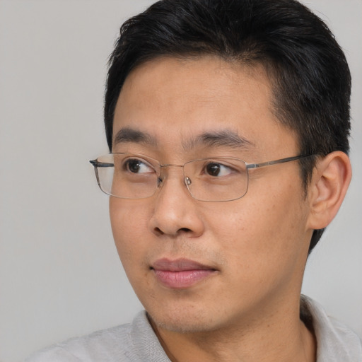 Neutral asian adult male with short  brown hair and brown eyes