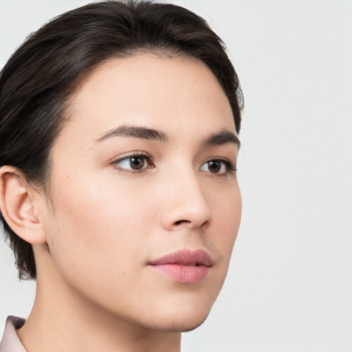 Neutral white young-adult female with medium  brown hair and brown eyes