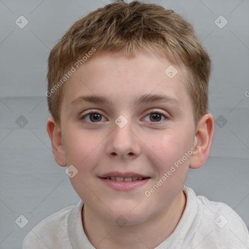 Joyful white child male with short  brown hair and brown eyes