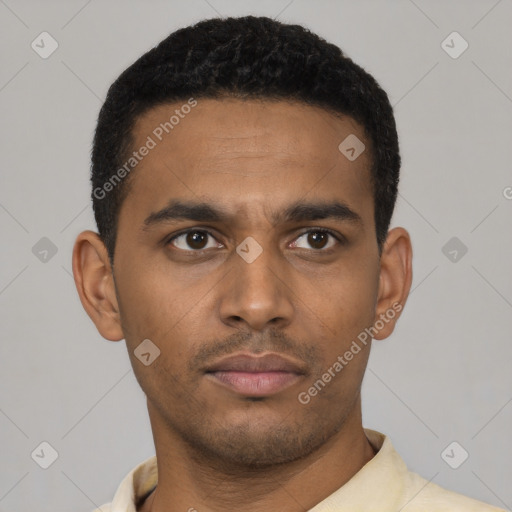 Neutral latino young-adult male with short  black hair and brown eyes