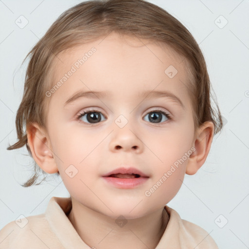 Neutral white child female with medium  brown hair and blue eyes