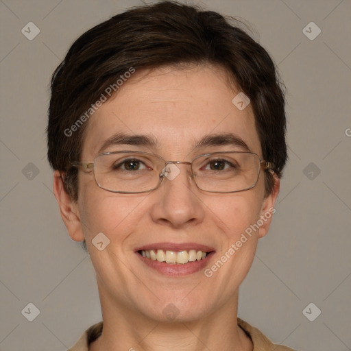 Joyful white adult female with short  brown hair and brown eyes