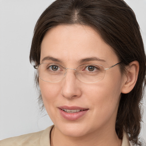 Joyful white adult female with medium  brown hair and brown eyes