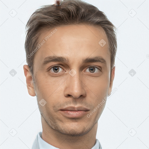 Neutral white adult male with short  brown hair and brown eyes