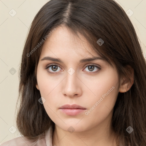 Neutral white young-adult female with long  brown hair and brown eyes