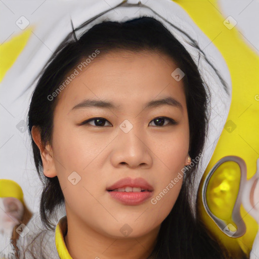 Neutral asian young-adult female with medium  brown hair and brown eyes