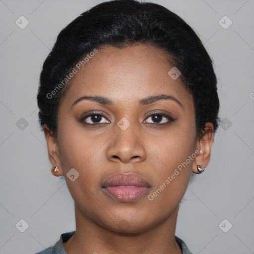 Neutral black young-adult female with short  black hair and brown eyes