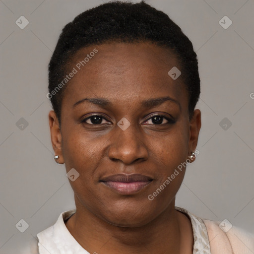 Joyful black young-adult female with short  black hair and brown eyes