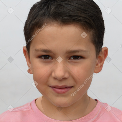 Joyful white child male with short  brown hair and brown eyes