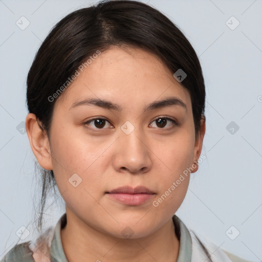 Neutral white young-adult female with medium  brown hair and brown eyes