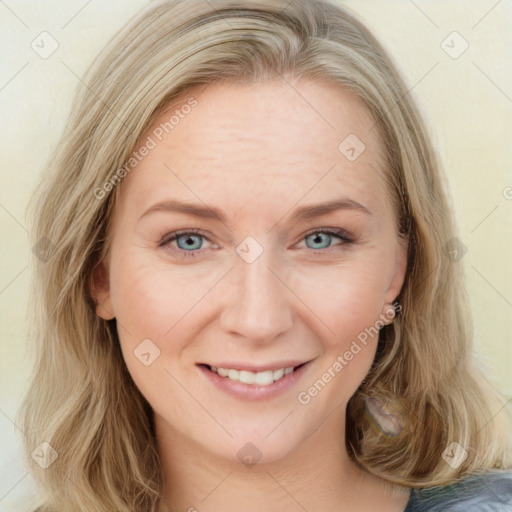 Joyful white young-adult female with long  brown hair and blue eyes