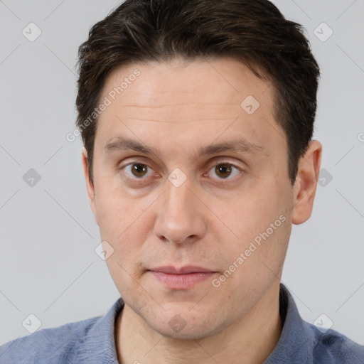 Neutral white adult male with short  brown hair and brown eyes