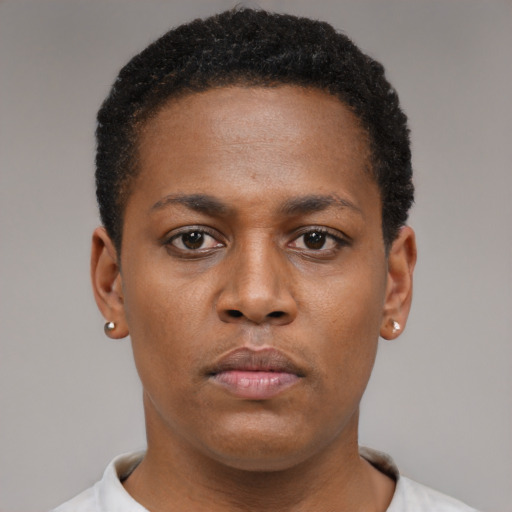 Neutral black young-adult female with short  black hair and brown eyes