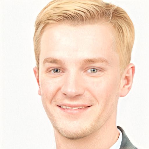 Joyful white young-adult male with short  brown hair and blue eyes