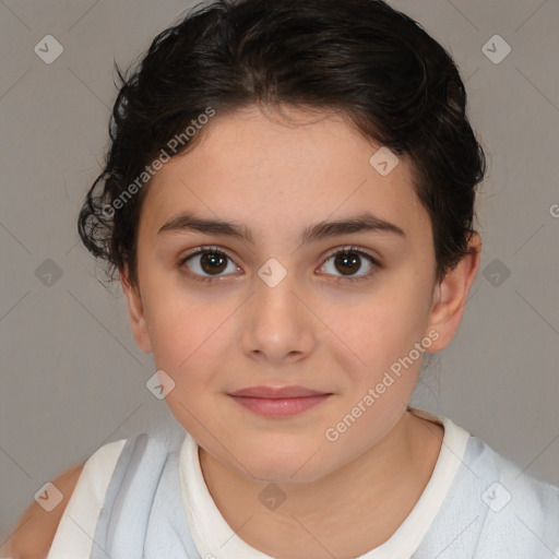 Joyful white child female with medium  brown hair and brown eyes