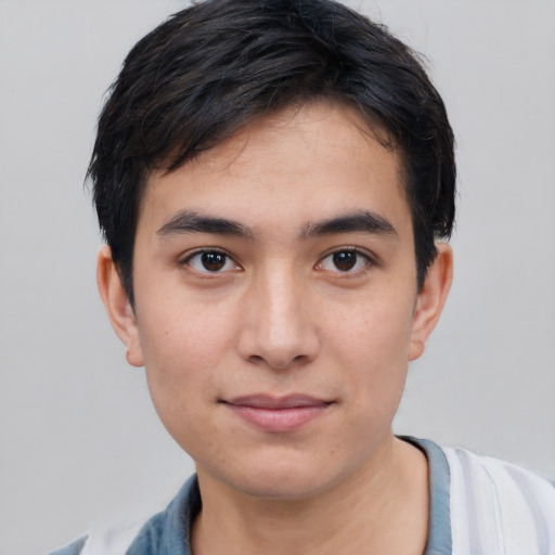 Neutral white young-adult male with short  black hair and brown eyes