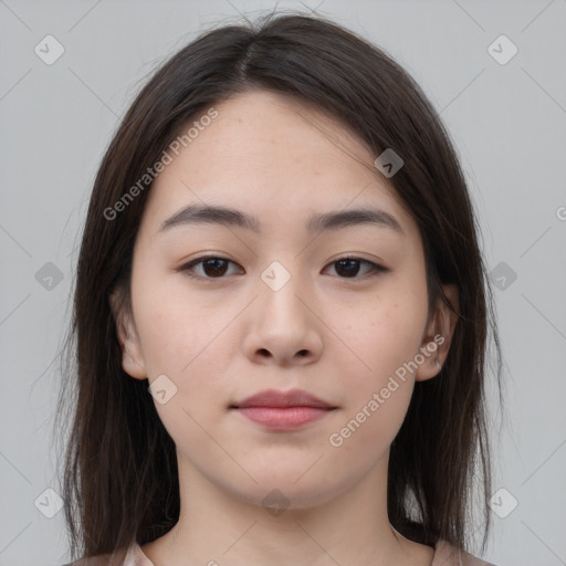 Neutral white young-adult female with medium  brown hair and brown eyes