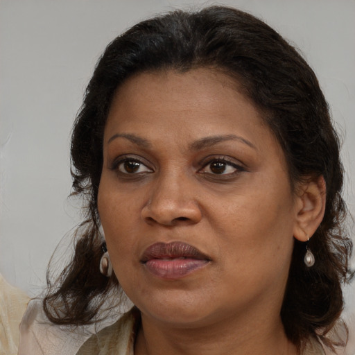 Joyful black adult female with medium  brown hair and brown eyes