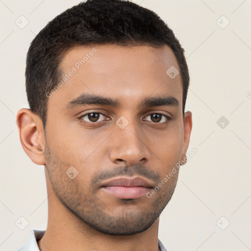 Neutral latino young-adult male with short  brown hair and brown eyes