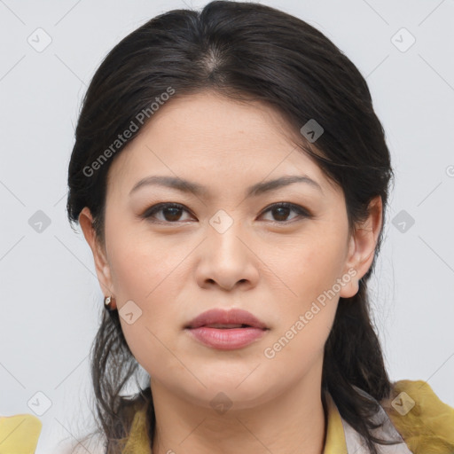 Joyful asian young-adult female with medium  brown hair and brown eyes