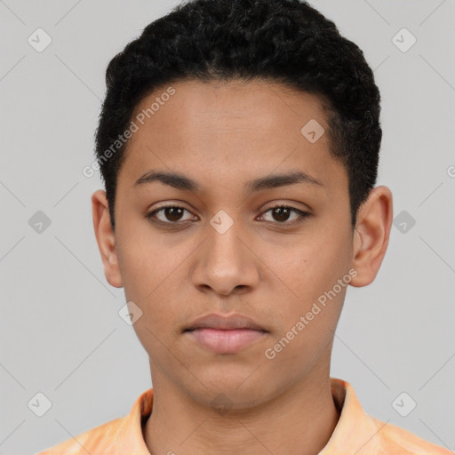 Neutral latino young-adult female with short  black hair and brown eyes