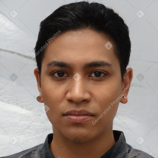 Neutral latino young-adult male with short  black hair and brown eyes