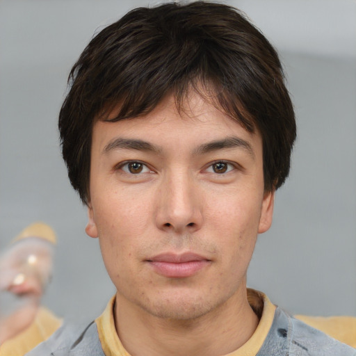 Neutral asian young-adult male with short  brown hair and brown eyes