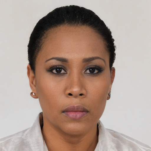 Neutral latino young-adult female with short  black hair and brown eyes