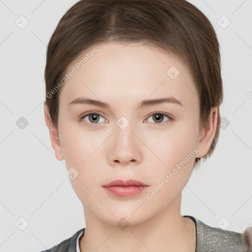 Neutral white young-adult female with short  brown hair and brown eyes