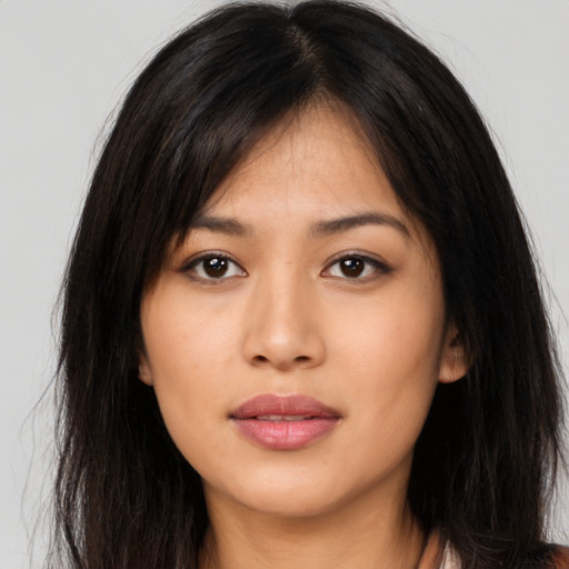 Neutral asian young-adult female with long  brown hair and brown eyes