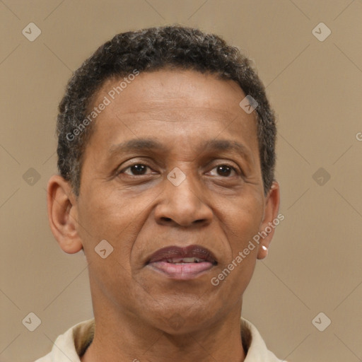 Joyful black adult male with short  brown hair and brown eyes