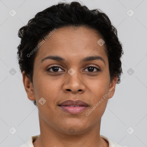 Joyful latino young-adult female with short  brown hair and brown eyes