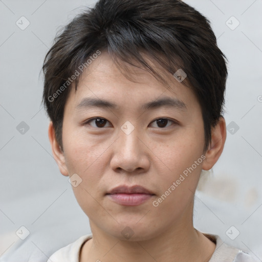Neutral white young-adult male with short  brown hair and brown eyes