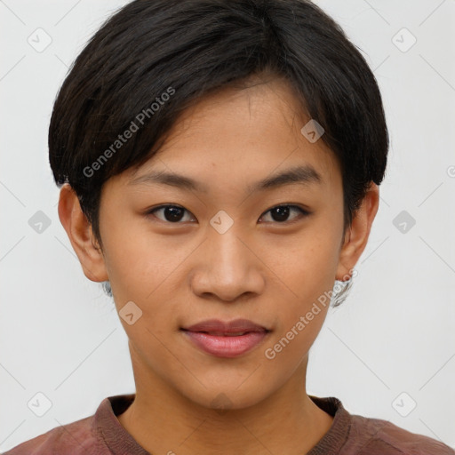 Joyful asian young-adult female with short  brown hair and brown eyes