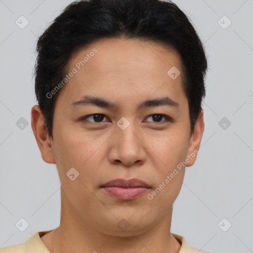 Joyful asian young-adult male with short  brown hair and brown eyes