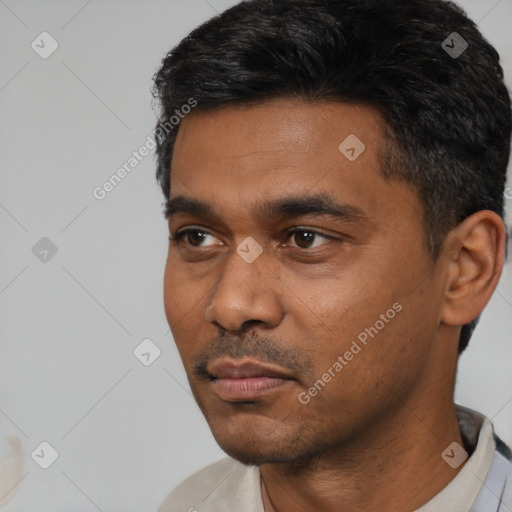 Neutral black young-adult male with short  black hair and brown eyes