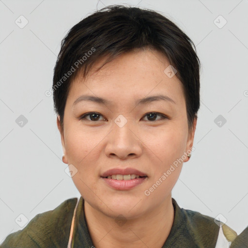 Joyful asian young-adult female with short  brown hair and brown eyes