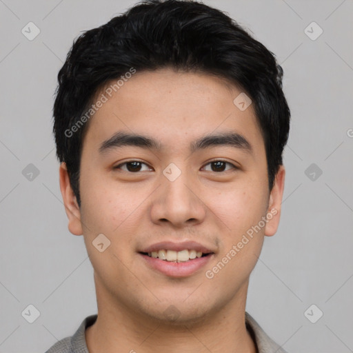 Joyful asian young-adult male with short  black hair and brown eyes