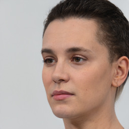 Neutral white young-adult female with short  brown hair and brown eyes