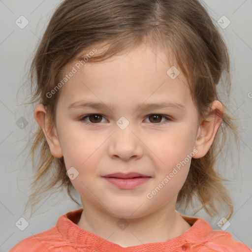 Joyful white child female with medium  brown hair and brown eyes