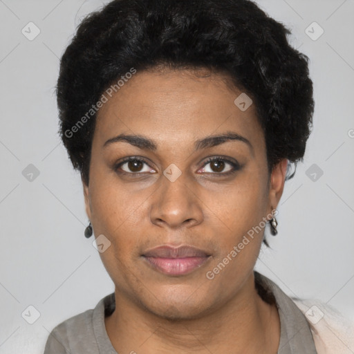 Neutral black young-adult female with short  black hair and brown eyes