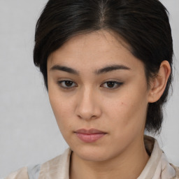 Neutral asian young-adult female with medium  brown hair and brown eyes