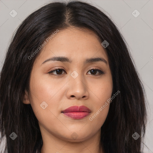 Joyful asian young-adult female with long  brown hair and brown eyes