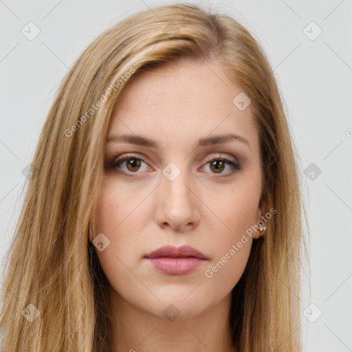 Neutral white young-adult female with long  brown hair and brown eyes