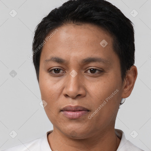 Neutral latino young-adult female with short  black hair and brown eyes