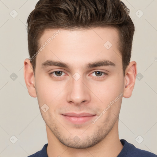 Neutral white young-adult male with short  brown hair and brown eyes