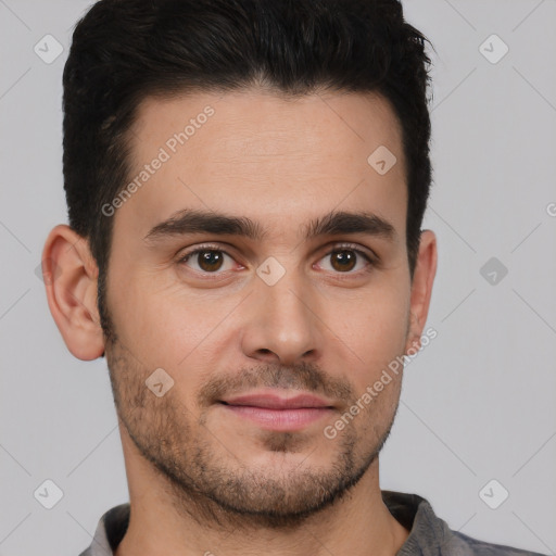 Joyful white young-adult male with short  brown hair and brown eyes