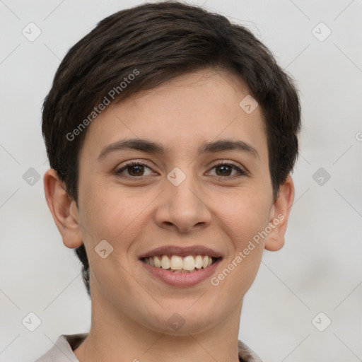 Joyful white young-adult female with short  brown hair and brown eyes