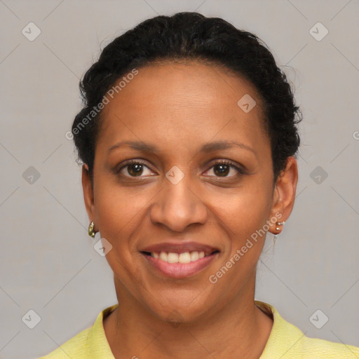 Joyful latino young-adult female with short  brown hair and brown eyes