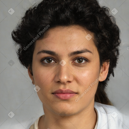 Neutral white young-adult female with short  brown hair and brown eyes